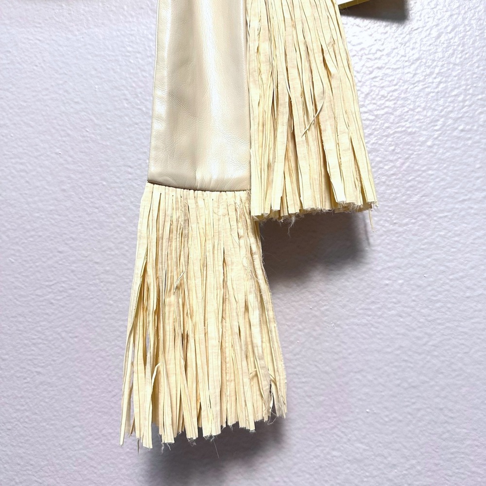 NWT Nanushka Maryl Faux Leather Chalk/Cream Fringe Knot Shift Mini Dress L - Picture 9 of 16